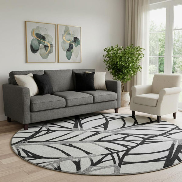 HomeRoots 8' Black And Beige Floral Washable Round Rug – Durable, UV-Resistant, Ideal for High-Traffic Areas! 662480