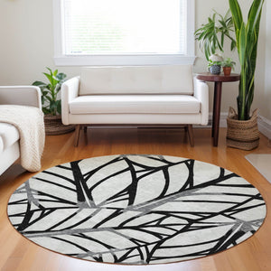 HomeRoots 8' Black And Beige Floral Washable Round Rug – Durable, UV-Resistant, Ideal for High-Traffic Areas! 662480