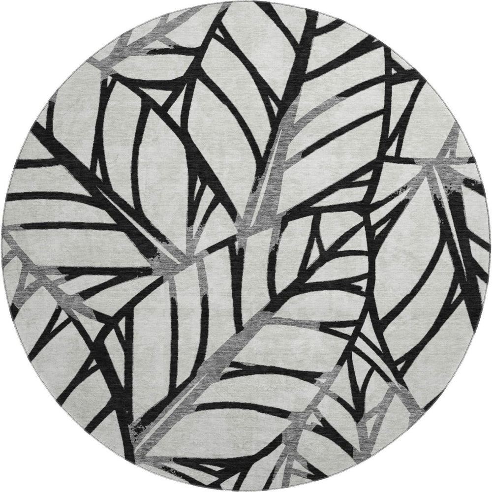 HomeRoots 8' Black And Beige Floral Washable Round Rug – Durable, UV-Resistant, Ideal for High-Traffic Areas! 662480