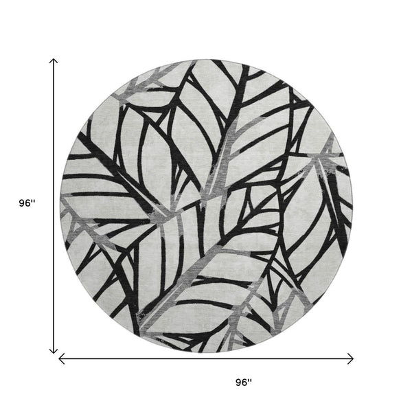 HomeRoots 8' Black And Beige Floral Washable Round Rug – Durable, UV-Resistant, Ideal for High-Traffic Areas! 662480