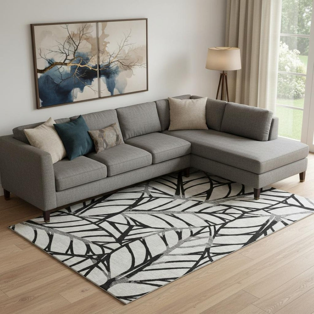 HomeRoots 8' X 10' Elegant Black & Beige Floral Washable Area Rug with UV Protection for High-Traffic Spaces 662481