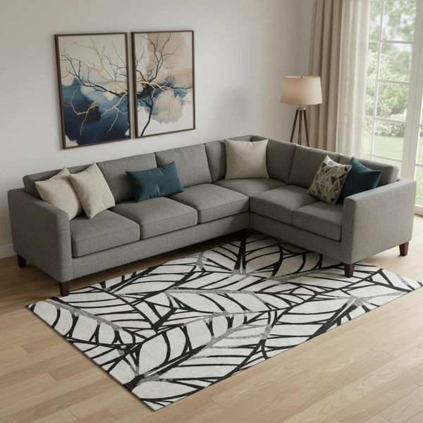 HomeRoots 9' X 12' Black and Beige Floral Area Rug - Washable, UV Protected, Durable for Homes with Kids & Pets 662482