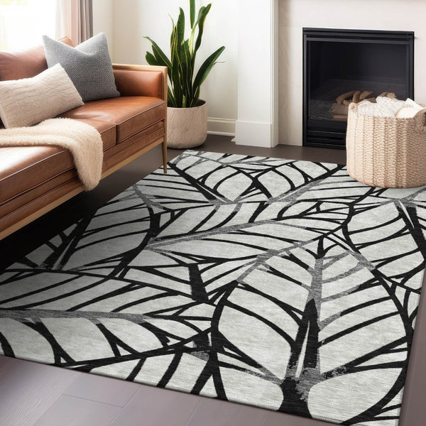 HomeRoots 9' X 12' Black and Beige Floral Area Rug - Washable, UV Protected, Durable for Homes with Kids & Pets 662482