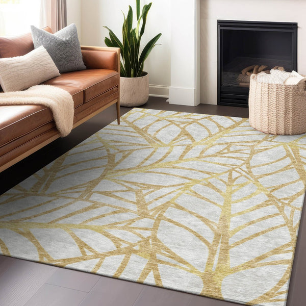 HomeRoots 5' X 8' Gold Beige Floral Area Rug - Washable, UV Protected, Easy-Care, Durable for Homes with Kids & Pets 662491
