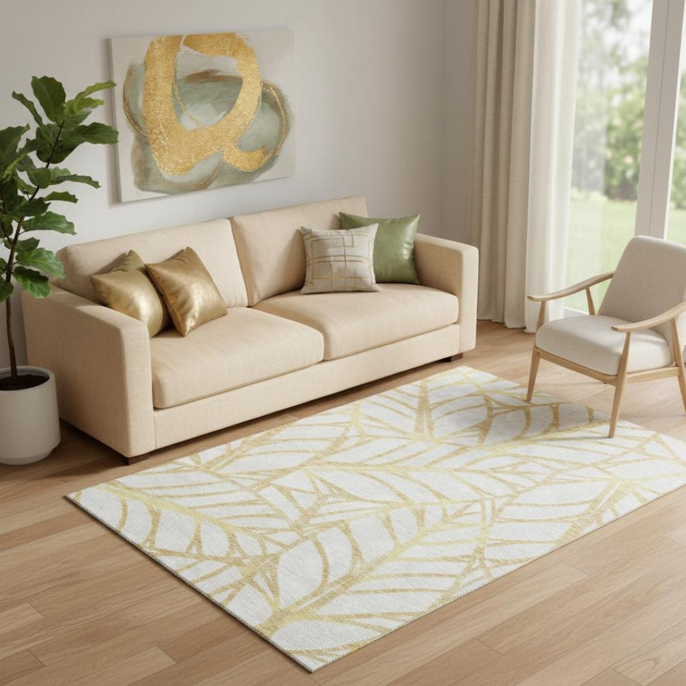 HomeRoots 5' X 8' Gold Beige Floral Area Rug - Washable, UV Protected, Easy-Care, Durable for Homes with Kids & Pets 662491