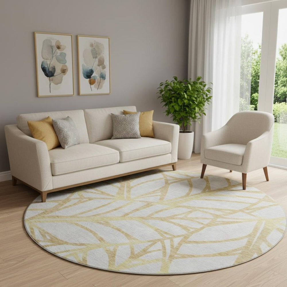 HomeRoots 8' Gold and Beige Floral Washable Round Rug – Durable, UV Protected, Perfect for High-Traffic Areas! 662492