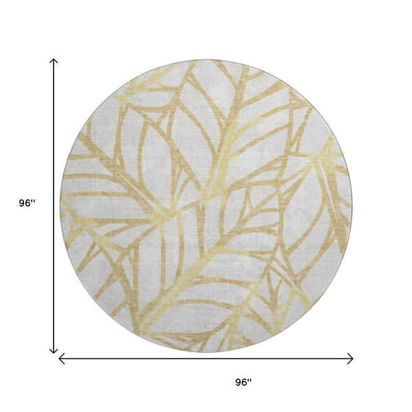 HomeRoots 8' Gold and Beige Floral Washable Round Rug – Durable, UV Protected, Perfect for High-Traffic Areas! 662492