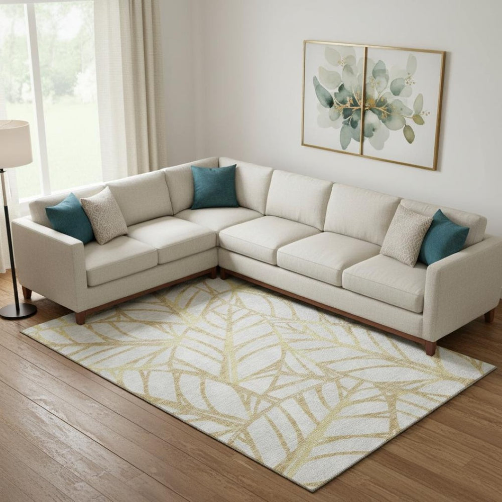 HomeRoots 9' X 12' Gold And Beige Floral Area Rug - Washable, Durable, UV Protected for Homes with Kids & Pets 662494
