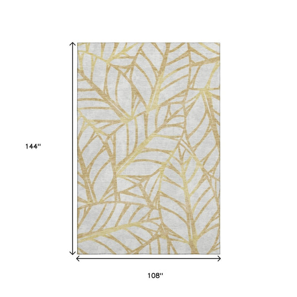 HomeRoots 9' X 12' Gold And Beige Floral Area Rug - Washable, Durable, UV Protected for Homes with Kids & Pets 662494