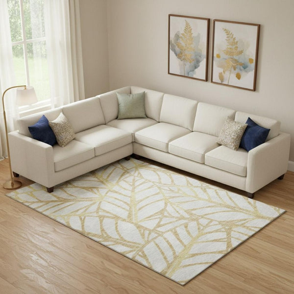 HomeRoots 10' Gold & Beige Floral Washable Area Rug - UV Protected, Stain Resistant, Ideal for Family Spaces 662495