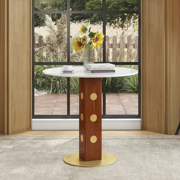 English Elm Modern Round Dining Table - 33.5" Sintered Stone Top With Wooden Legs & Gold Base For Small Spaces P1 W1535S00584-GIGA