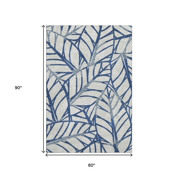 HomeRoots 5' X 8' Navy Blue & Beige Floral Area Rug - Washable, Durable, UV-Protected for Busy Homes! 662503