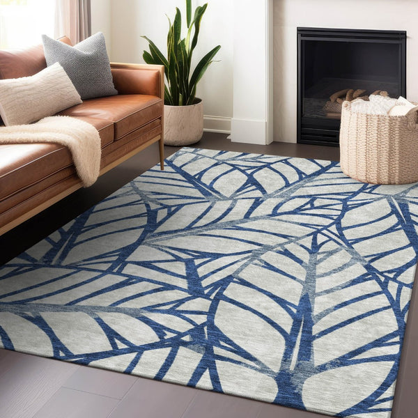 HomeRoots 5' X 8' Navy Blue & Beige Floral Area Rug - Washable, Durable, UV-Protected for Busy Homes! 662503