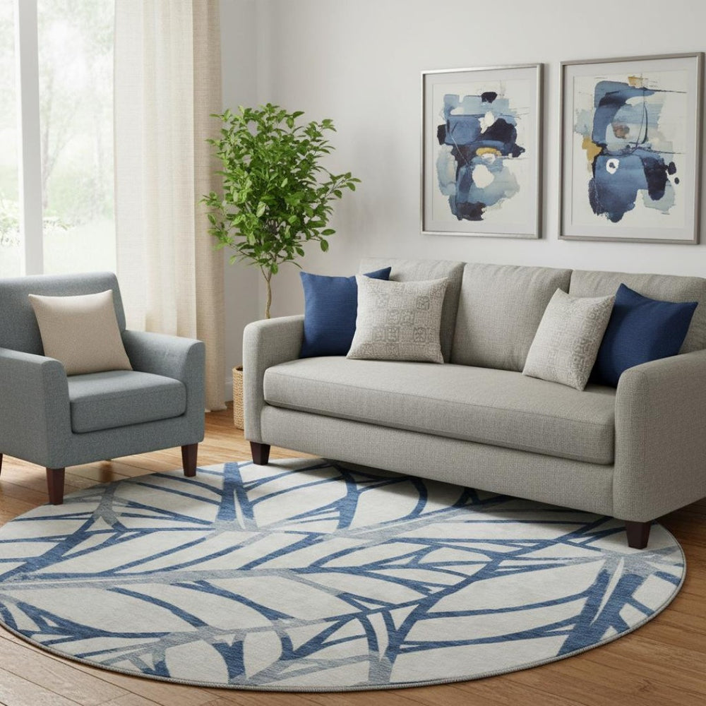HomeRoots 8' Navy Blue and Beige Floral Round Rug – Washable, UV Protected, Durable & Stain Resistant Design! 662504