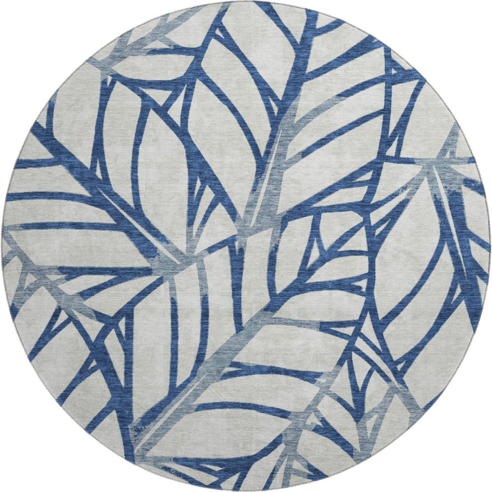 HomeRoots 8' Navy Blue and Beige Floral Round Rug – Washable, UV Protected, Durable & Stain Resistant Design! 662504