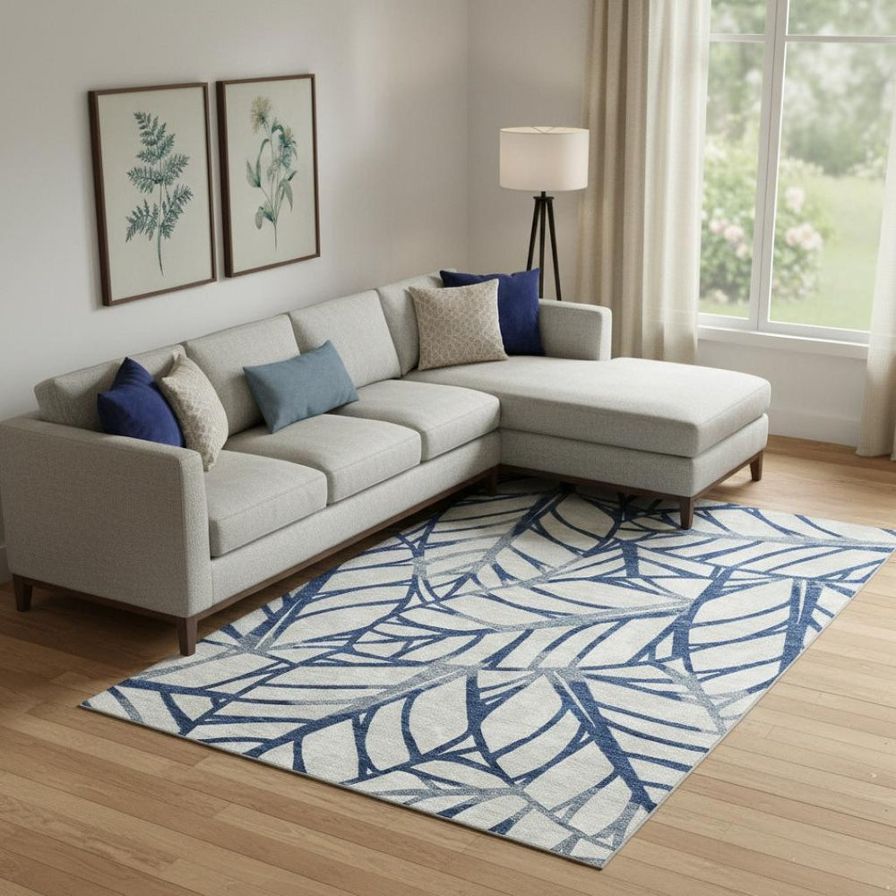 HomeRoots 8' X 10' Navy Blue & Beige Floral Washable Area Rug – Stain Resistant, UV Protected, Durable Design! 662505