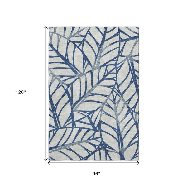 HomeRoots 8' X 10' Navy Blue & Beige Floral Washable Area Rug – Stain Resistant, UV Protected, Durable Design! 662505