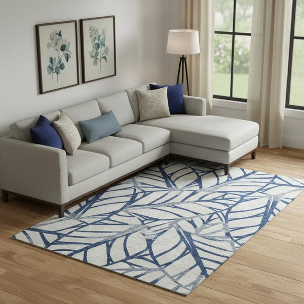 HomeRoots 9' X 12' Navy Blue and Beige Floral Area Rug – Washable, UV Protected, Stain Resistant for Homes 662506