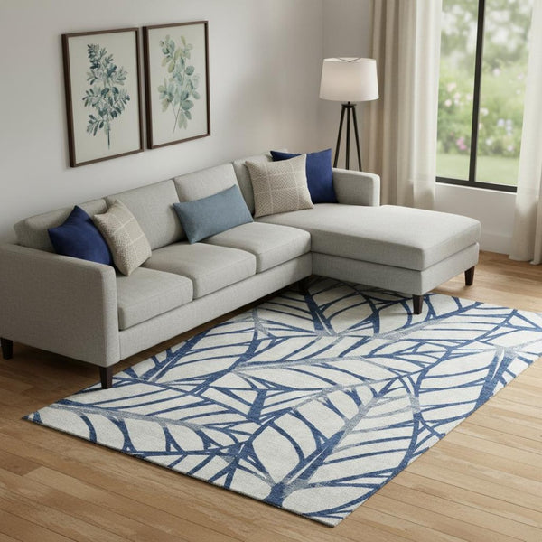 HomeRoots 10' Navy Blue and Beige Floral Area Rug - Washable, UV-Protected, Perfect for High-Traffic Spaces! 662507