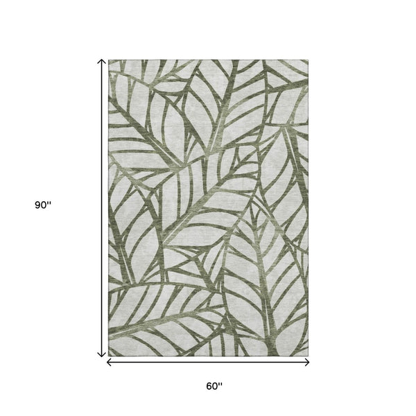 HomeRoots 5' X 8' Olive Green & Beige Floral Area Rug - Washable, UV Protected, Perfect for Kids & Pets! 662509