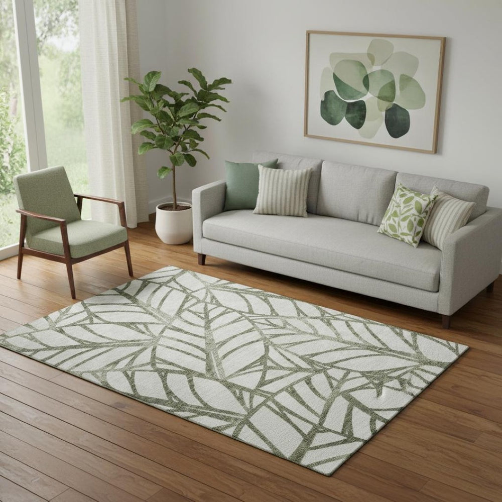 HomeRoots 5' X 8' Olive Green & Beige Floral Area Rug - Washable, UV Protected, Perfect for Kids & Pets! 662509