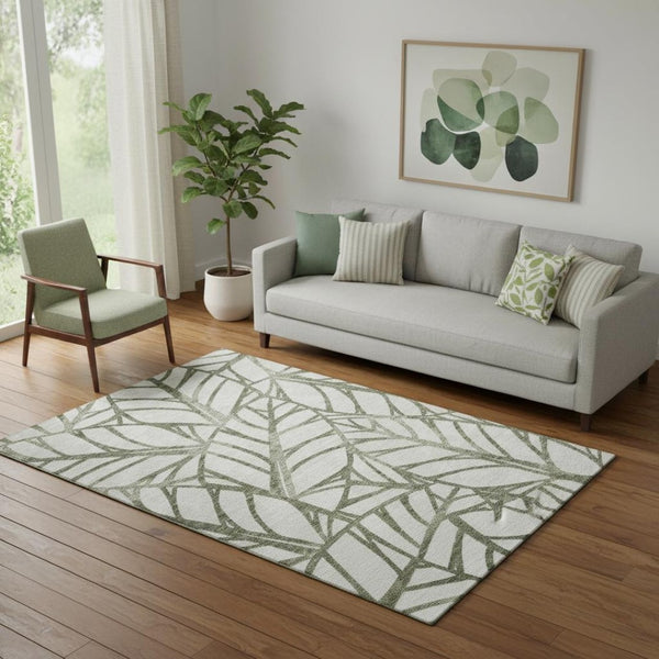 HomeRoots 5' X 8' Olive Green & Beige Floral Area Rug - Washable, UV Protected, Perfect for Kids & Pets! 662509