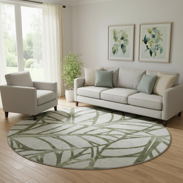 HomeRoots 8' Olive Green Floral Round Rug - Washable, Stain Resistant, UV Protected for Family Spaces 662510