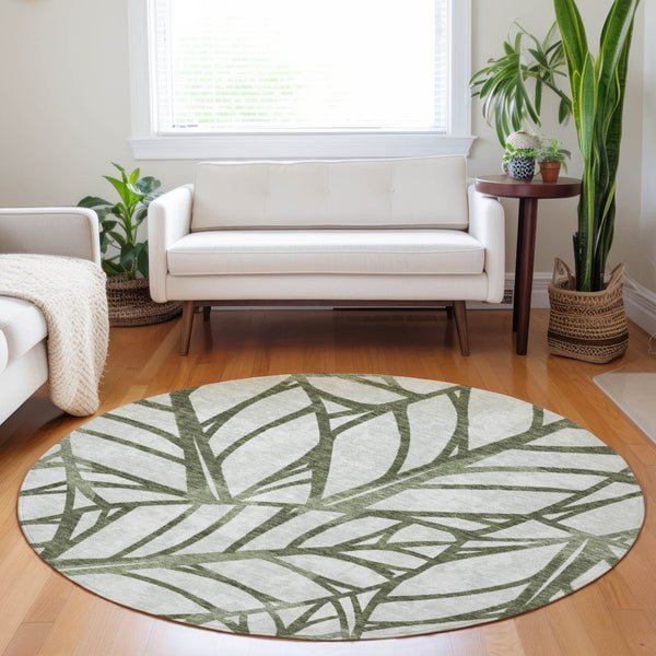 HomeRoots 8' Olive Green Floral Round Rug - Washable, Stain Resistant, UV Protected for Family Spaces 662510