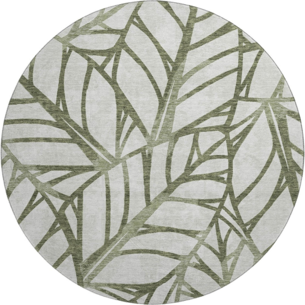 HomeRoots 8' Olive Green Floral Round Rug - Washable, Stain Resistant, UV Protected for Family Spaces 662510