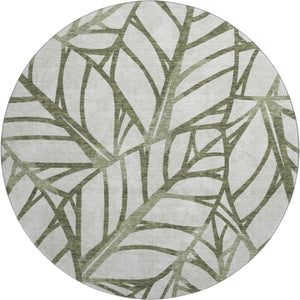 HomeRoots 8' Olive Green Floral Round Rug - Washable, Stain Resistant, UV Protected for Family Spaces 662510