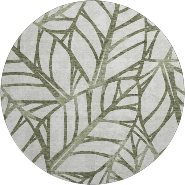 HomeRoots 8' Olive Green Floral Round Rug - Washable, Stain Resistant, UV Protected for Family Spaces 662510