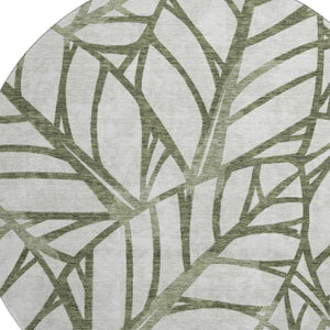 HomeRoots 8' Olive Green Floral Round Rug - Washable, Stain Resistant, UV Protected for Family Spaces 662510