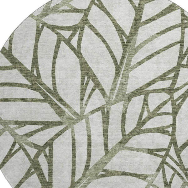 HomeRoots 8' Olive Green Floral Round Rug - Washable, Stain Resistant, UV Protected for Family Spaces 662510