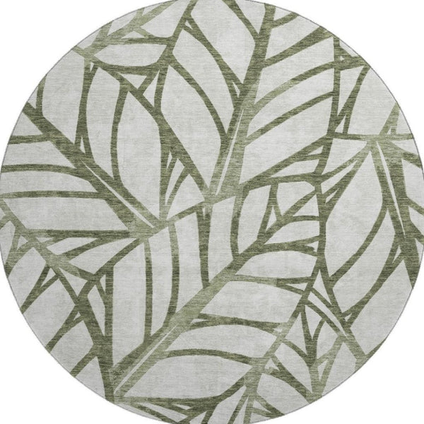 HomeRoots 8' Olive Green Floral Round Rug - Washable, Stain Resistant, UV Protected for Family Spaces 662510