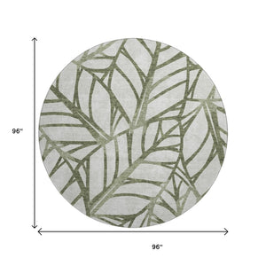 HomeRoots 8' Olive Green Floral Round Rug - Washable, Stain Resistant, UV Protected for Family Spaces 662510