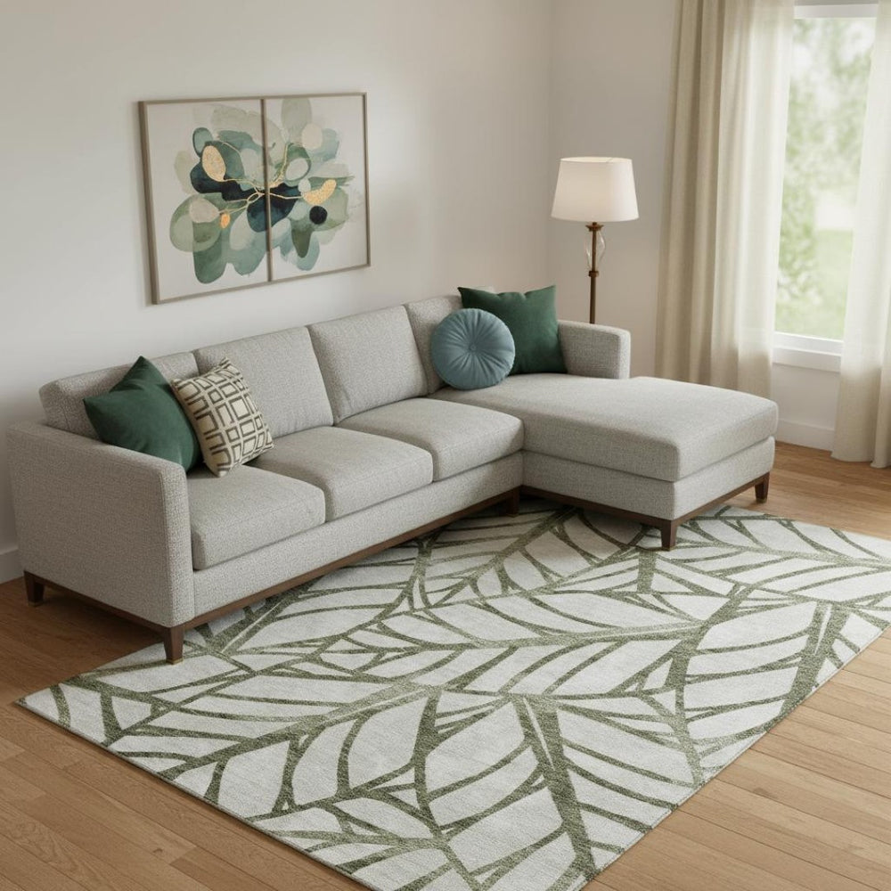 HomeRoots 8' X 10' Washable Olive Green & Beige Floral Area Rug with UV Protection for Busy Homes & Pets 662511