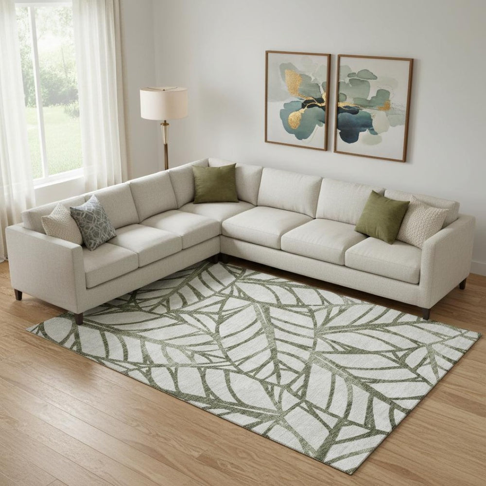 HomeRoots 9' X 12' Olive Green Floral Area Rug - Washable, Stain Resistant, UV Protection for Busy Homes 662512