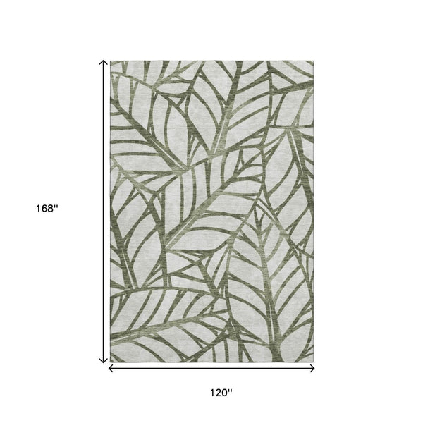 HomeRoots 10' X 14' Washable Olive Green & Beige Floral Area Rug with UV Protection for Homes with Kids & Pets 662513