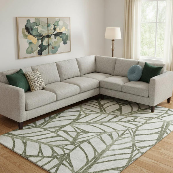 HomeRoots 10' X 14' Washable Olive Green & Beige Floral Area Rug with UV Protection for Homes with Kids & Pets 662513