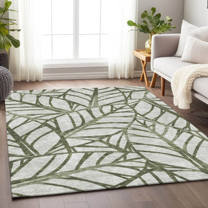 HomeRoots 10' X 14' Washable Olive Green & Beige Floral Area Rug with UV Protection for Homes with Kids & Pets 662513
