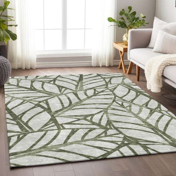 HomeRoots 10' X 14' Washable Olive Green & Beige Floral Area Rug with UV Protection for Homes with Kids & Pets 662513