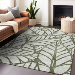 HomeRoots 10' X 14' Washable Olive Green & Beige Floral Area Rug with UV Protection for Homes with Kids & Pets 662513