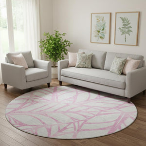 HomeRoots 8' Pink and Beige Floral Round Washable Rug with UV Protection for Stylish, Busy Homes 662522