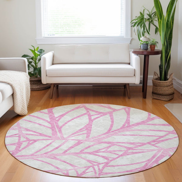 HomeRoots 8' Pink and Beige Floral Round Washable Rug with UV Protection for Stylish, Busy Homes 662522
