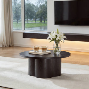 English Elm Round Wood Grain Coffee Table with Curved Bentwood Legs for Modern Living Rooms Black W2085P400929