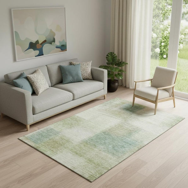 HomeRoots 5' X 8' Abstract Area Rug in Artichoke Green, Teal Blue & Beige - Washable, UV Protected, Durable Design 662533
