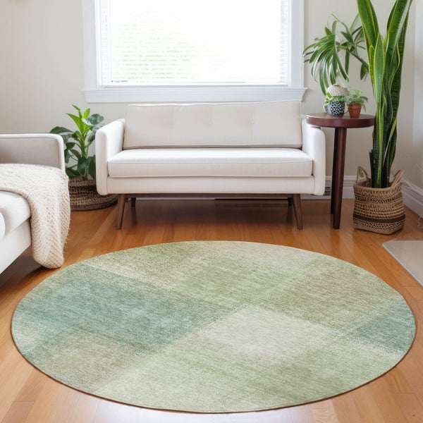 HomeRoots 8' Abstract Round Rug in Artichoke Green, Teal Blue & Beige - Washable, UV Protected, Stylish & Durable 662534