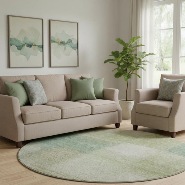 HomeRoots 8' Abstract Round Rug in Artichoke Green, Teal Blue & Beige - Washable, UV Protected, Stylish & Durable 662534