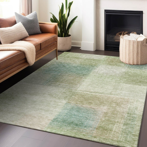 HomeRoots 8' X 10' Abstract Area Rug in Artichoke Green, Teal, and Beige - Washable, UV Protected & Stylish! 662535