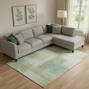 HomeRoots 9' X 12' Abstract Area Rug in Artichoke Green, Teal Blue & Beige - Washable, UV Protected & Durable 662536
